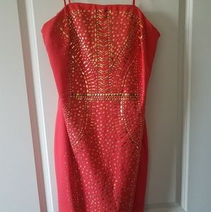 Cache  Orange beaded strapless dress